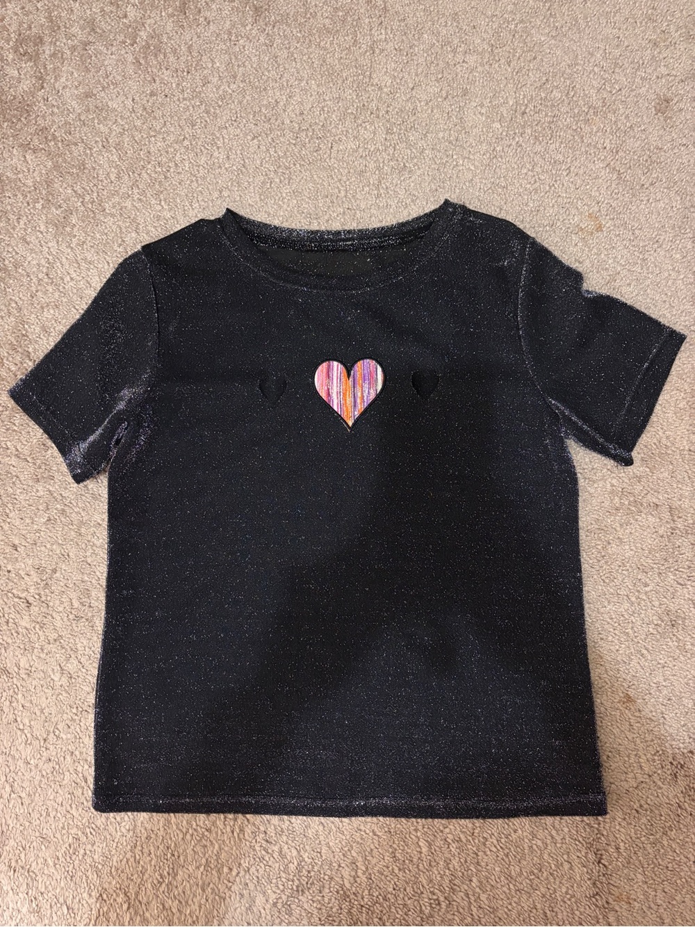 Girls' Black Sparkle Short Sleeve Tee with Striped Heart